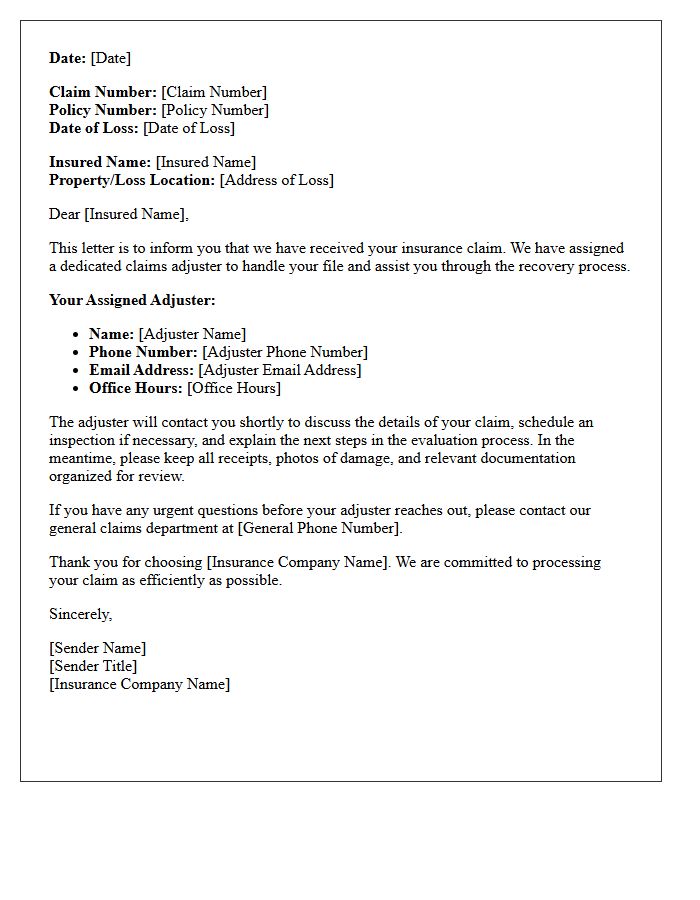 Insurance Claim Adjuster Assignment and Contact Letter