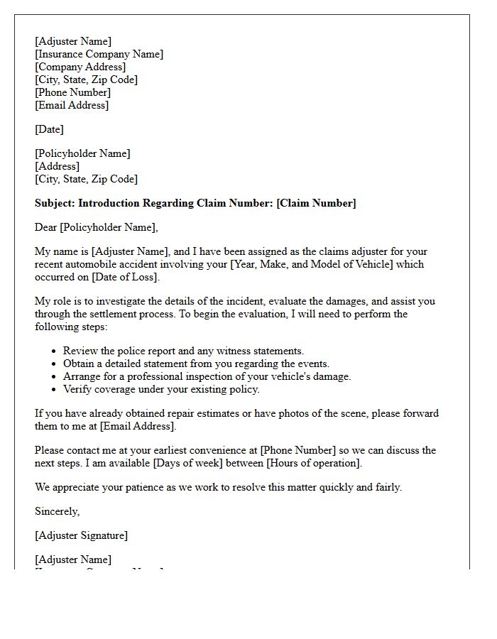 Auto Insurance Claim Adjuster Introduction Letter