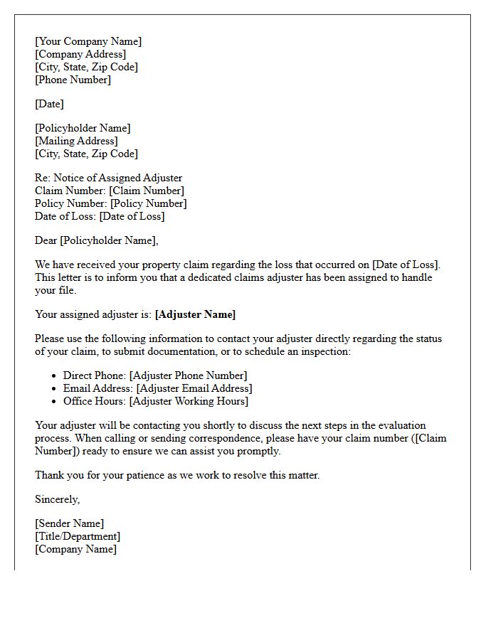 Property Claim Adjuster Contact Information Letter