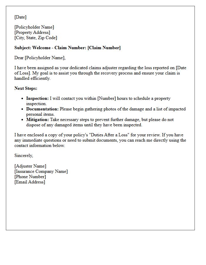 Homeowners Insurance Adjuster Welcome Letter
