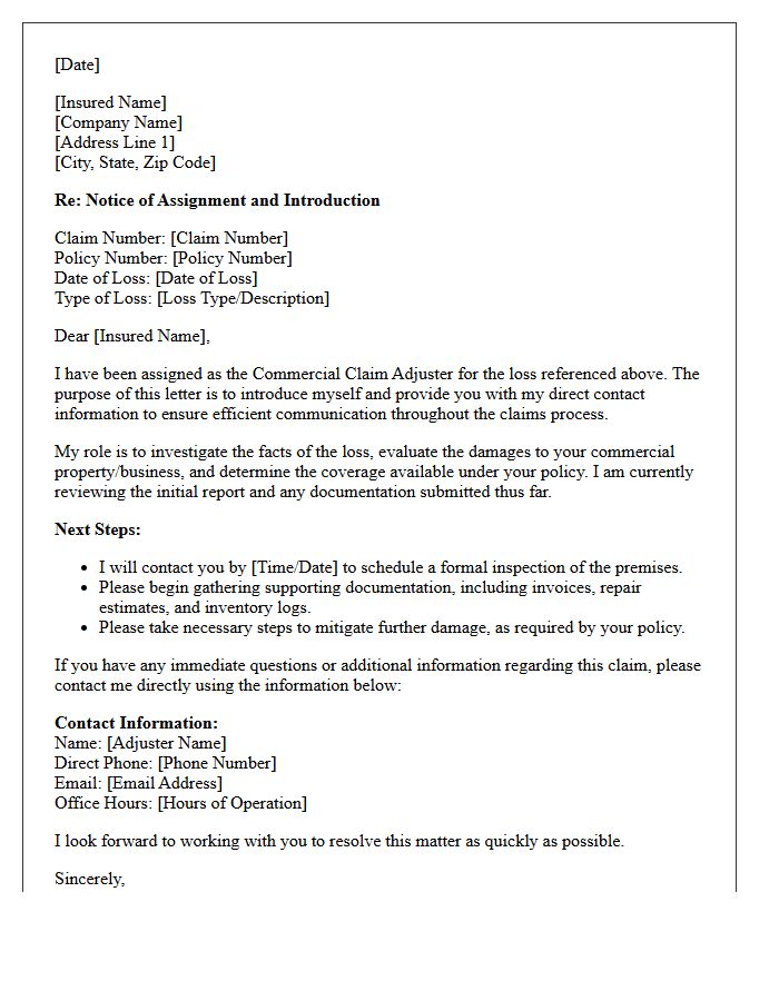 Commercial Claim Adjuster Introduction and Contact Letter