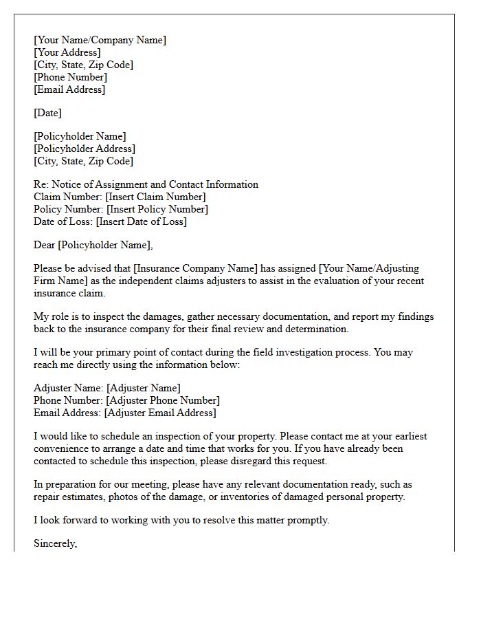 Independent Claim Adjuster Contact Information Letter