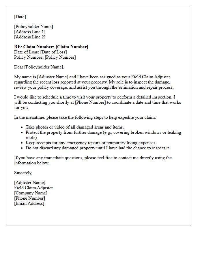 Field Claim Adjuster Welcome and Contact Letter