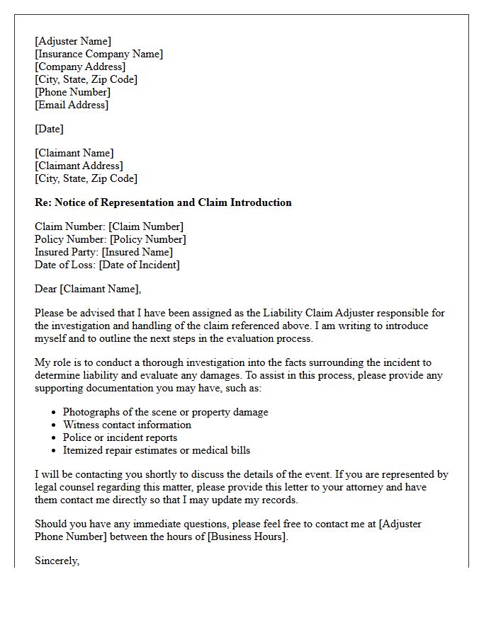 Liability Claim Adjuster Introduction Letter
