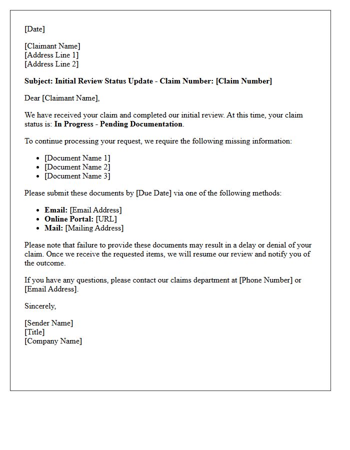 Initial Review Claim Status Update and Missing Document Request Letter