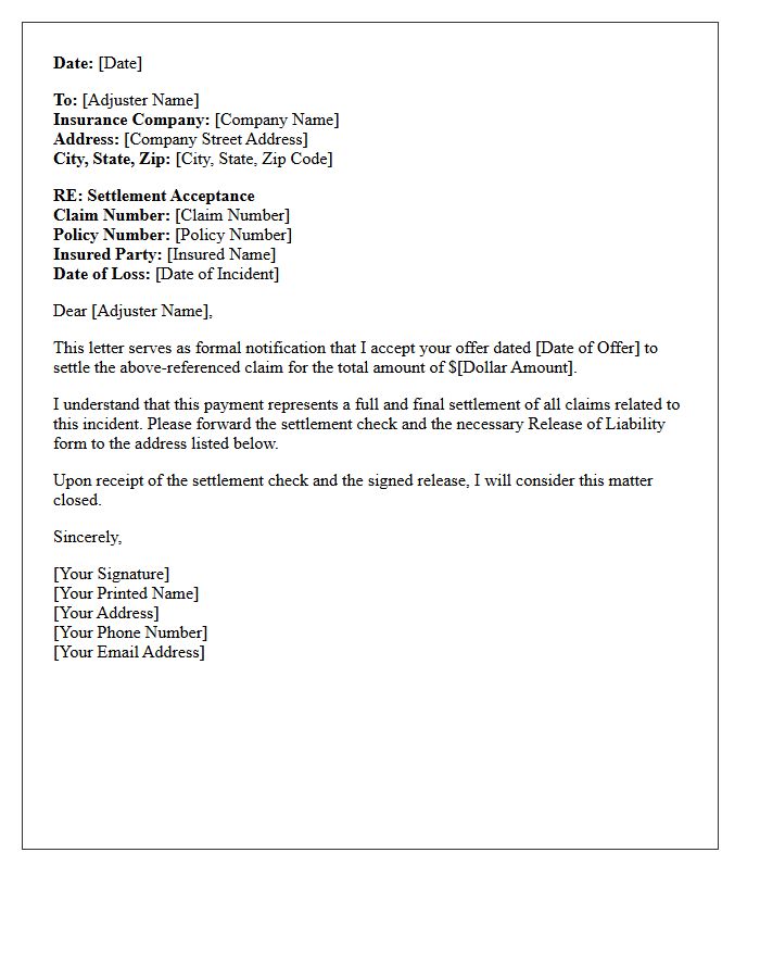 Insurance Carrier Settlement Acceptance Letter