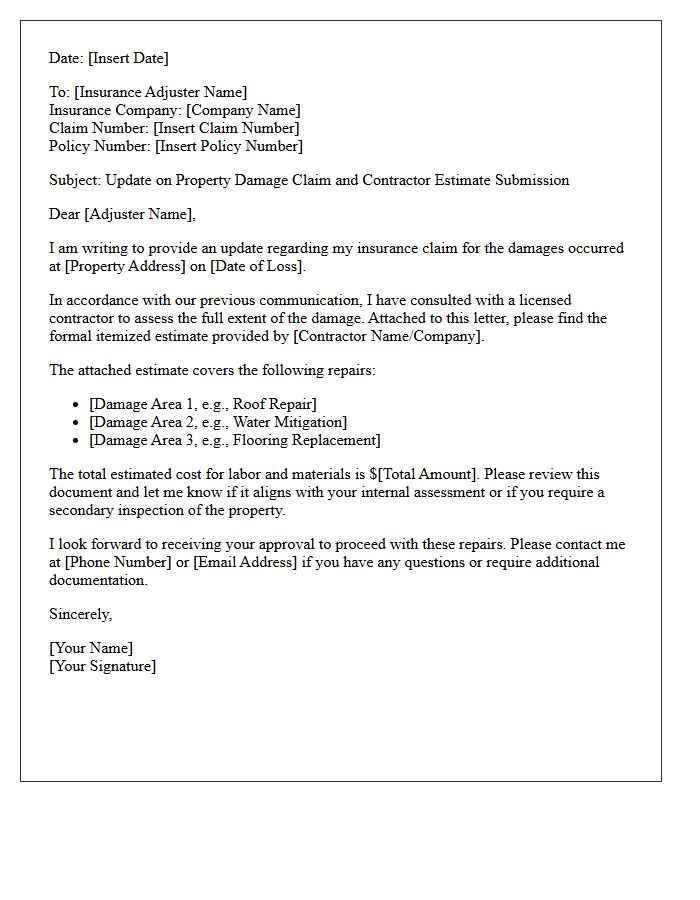 Homeowners Property Damage Claim Update and Contractor Estimate Request Letter