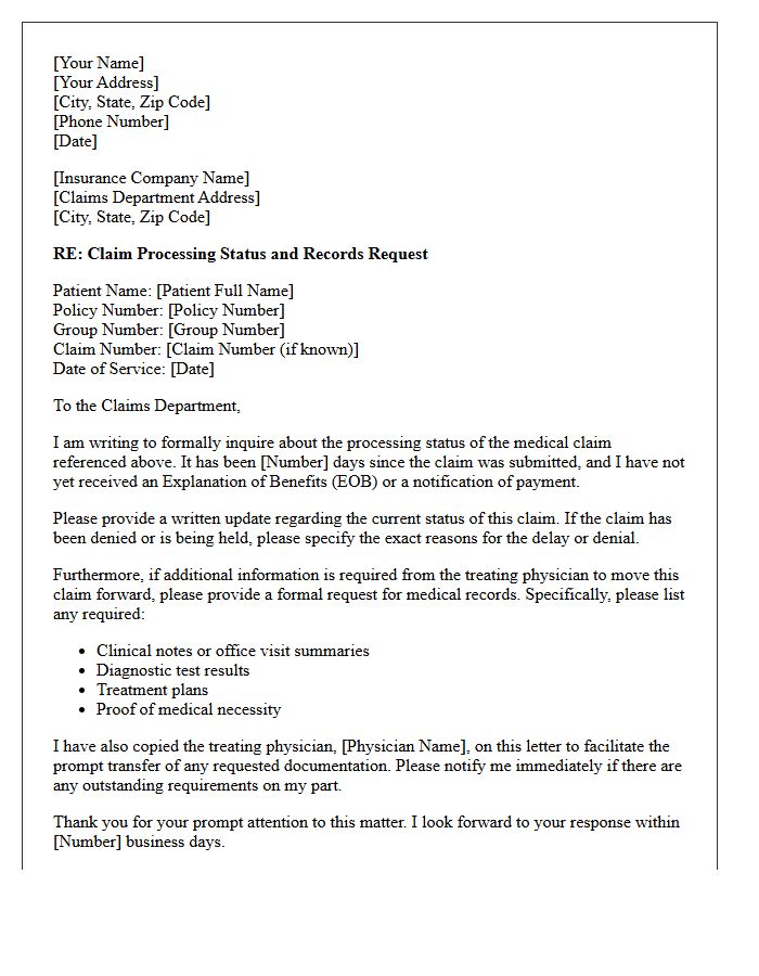 Medical Claim Processing Status and Physician Records Request Letter