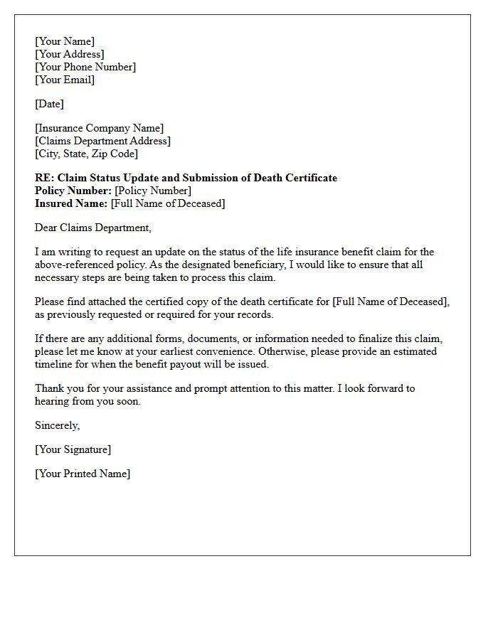 Life Insurance Benefit Claim Update and Death Certificate Request Letter