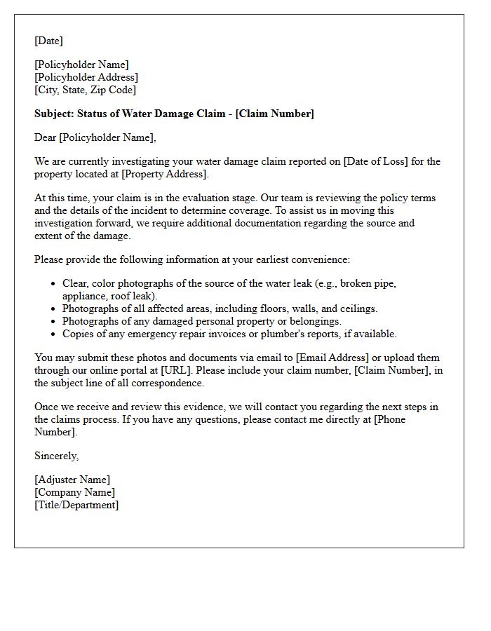 Water Damage Claim Investigation Status and Photo Evidence Request Letter