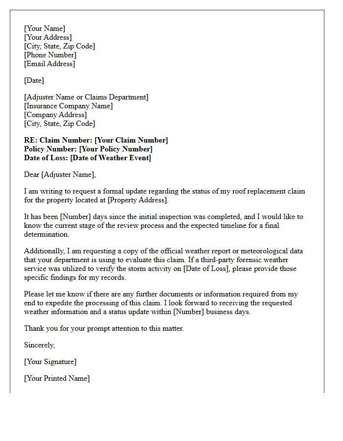 Roof Replacement Claim Update and Weather Report Information Request Letter