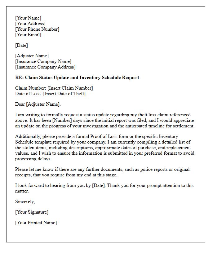Theft Loss Claim Status Update and Inventory Schedule Request Letter