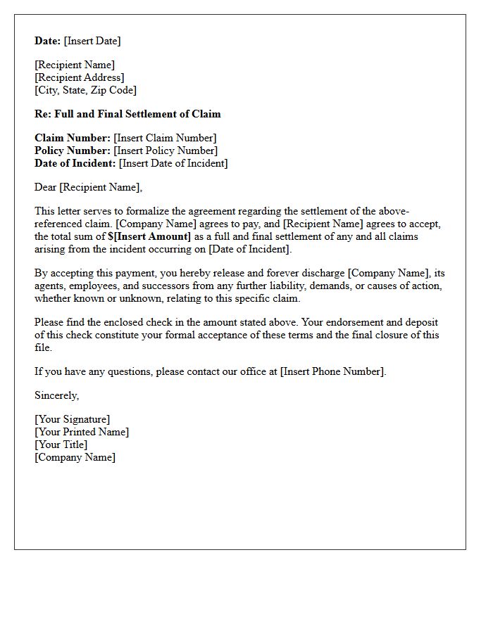 Full and Final Claim Payment Settlement Letter