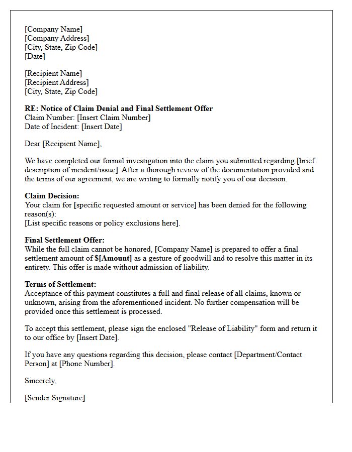 Claim Denial and Final Settlement Notification Letter