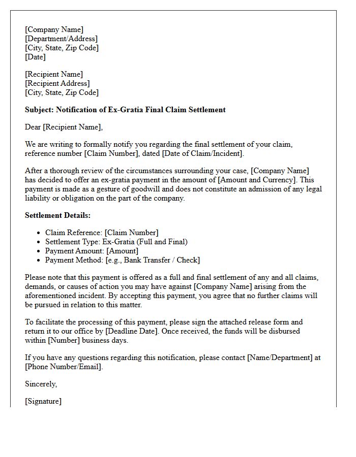 Ex-Gratia Final Claim Settlement Notification Letter