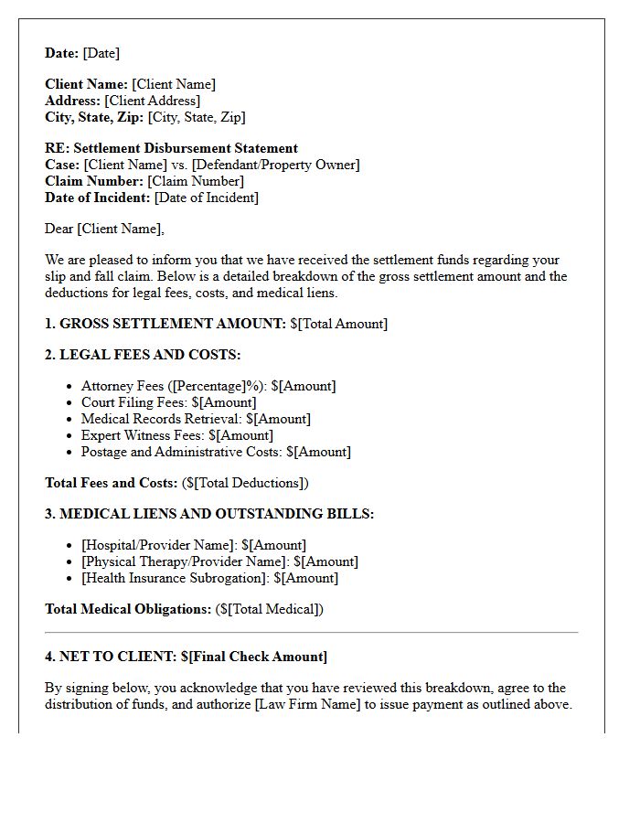 Slip And Fall Settlement Disbursement Breakdown Letter