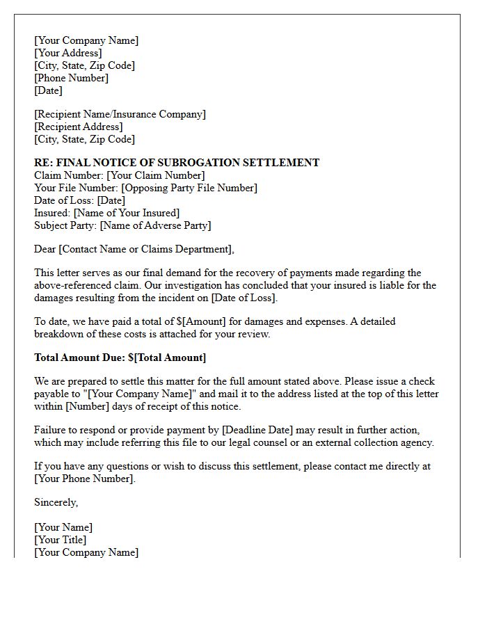 Subrogation Final Claim Settlement Recovery Letter