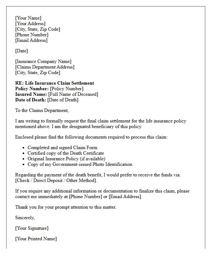 Life Insurance Beneficiary Final Claim Settlement Letter