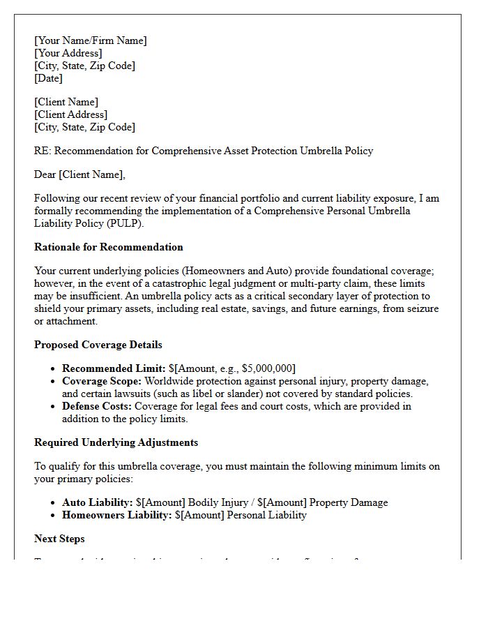 Comprehensive Asset Protection Umbrella Recommendation Letter