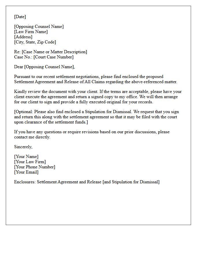 Opposing Counsel Settlement Agreement Transmittal Letter