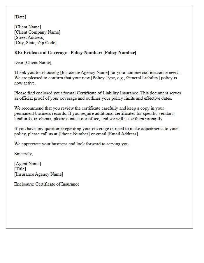 New Commercial Policy Proof of Insurance Certificate Enclosure Letter