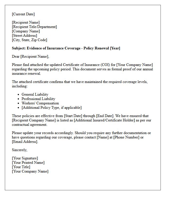 Annual Renewal Proof of Insurance Certificate Cover Letter