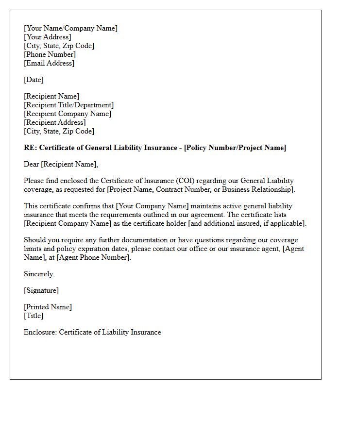 General Liability Proof of Insurance Certificate Enclosure Letter