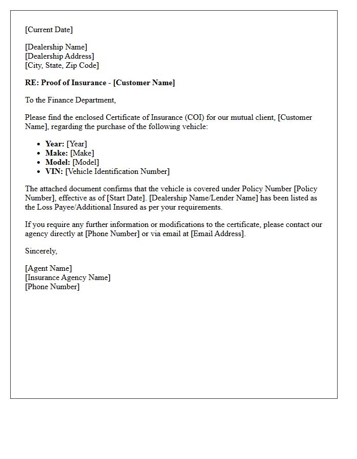 Auto Dealership Proof of Insurance Certificate Cover Letter
