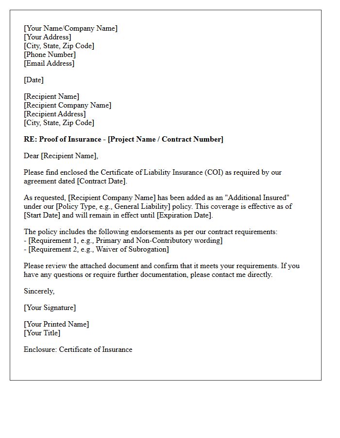 Additional Insured Proof of Insurance Enclosure Letter