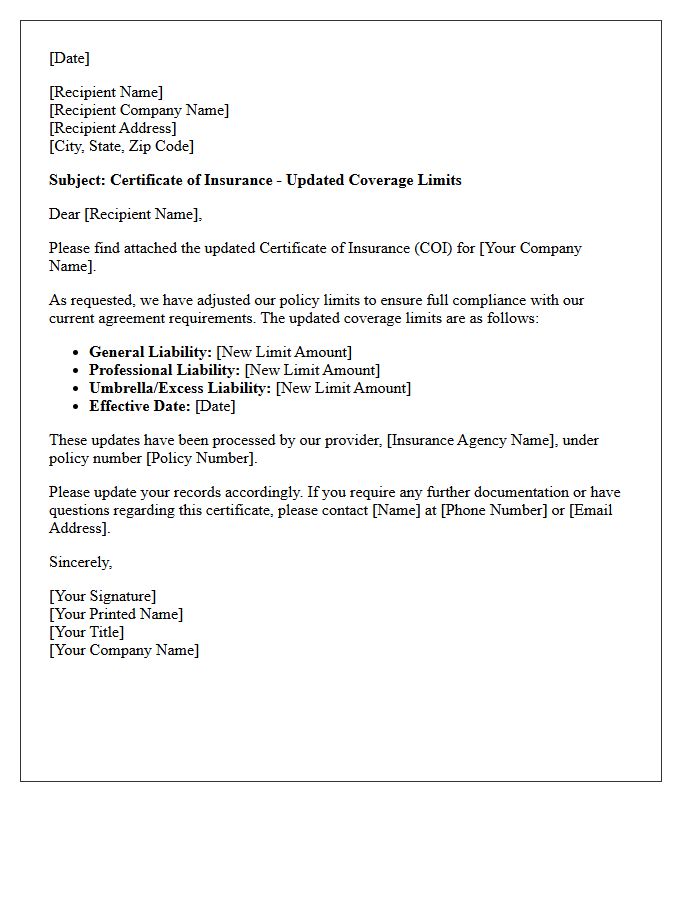 Updated Coverage Limits Proof of Insurance Certificate Letter