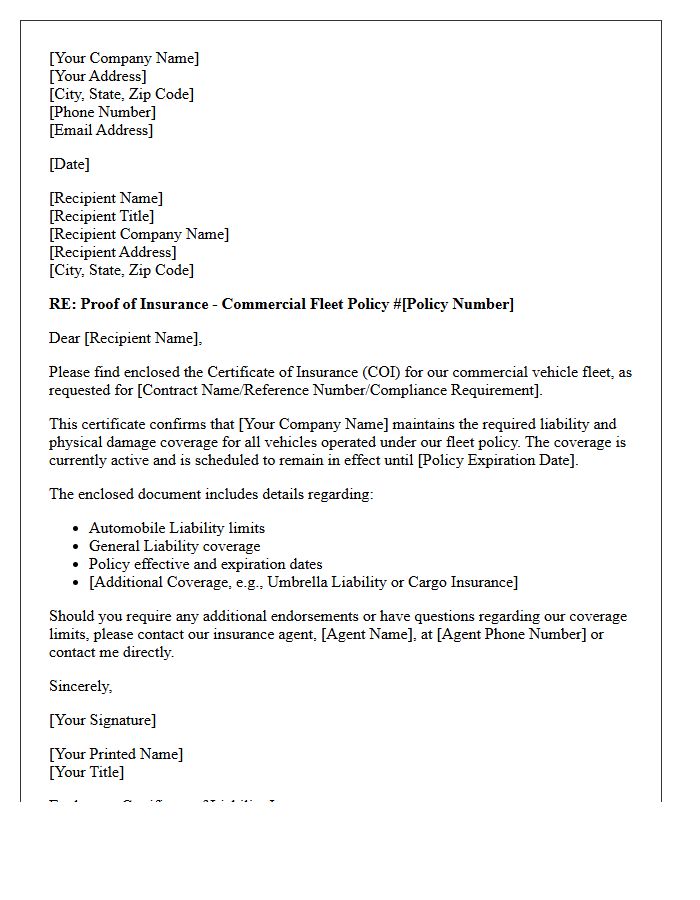 Commercial Fleet Proof of Insurance Certificate Enclosure Letter