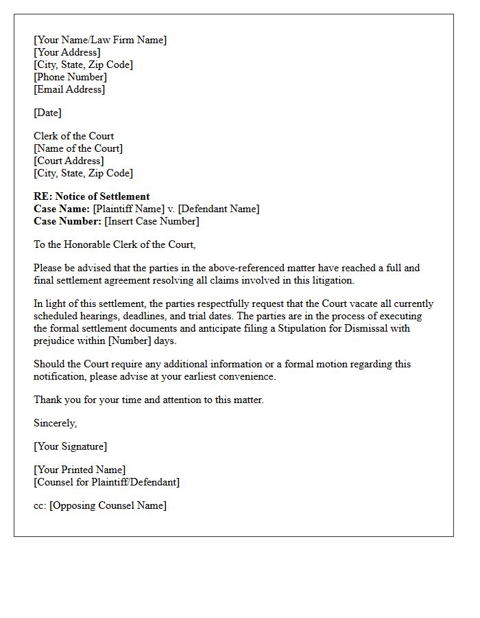 Court Notification Of Settlement Agreement Letter