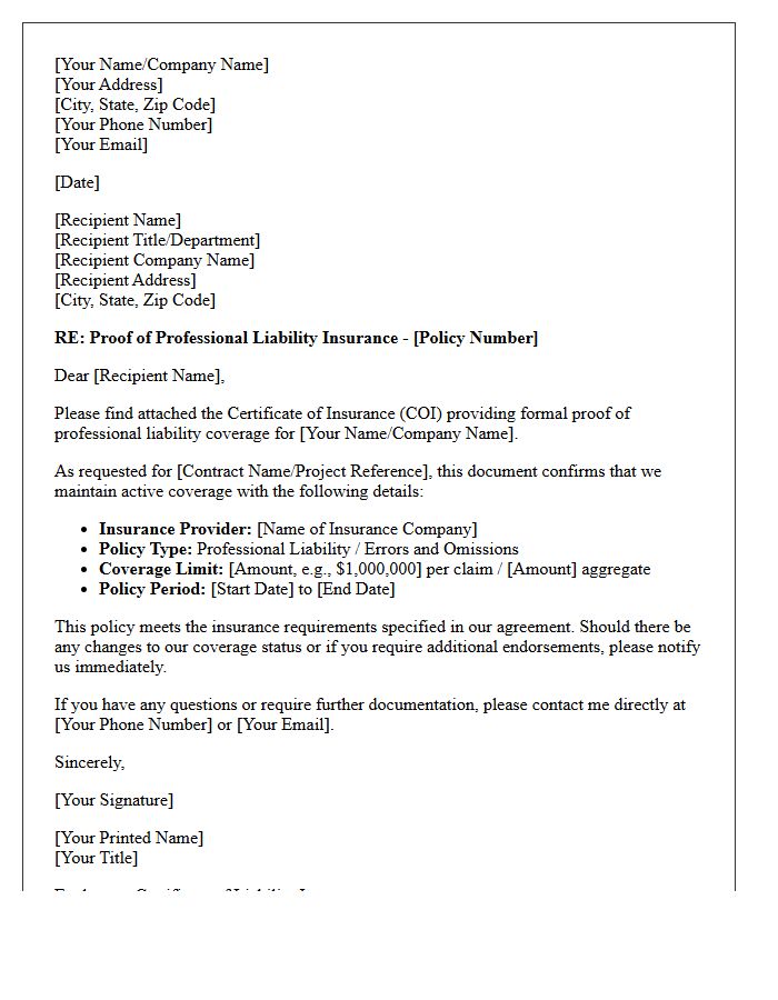 Professional Liability Proof of Insurance Cover Letter