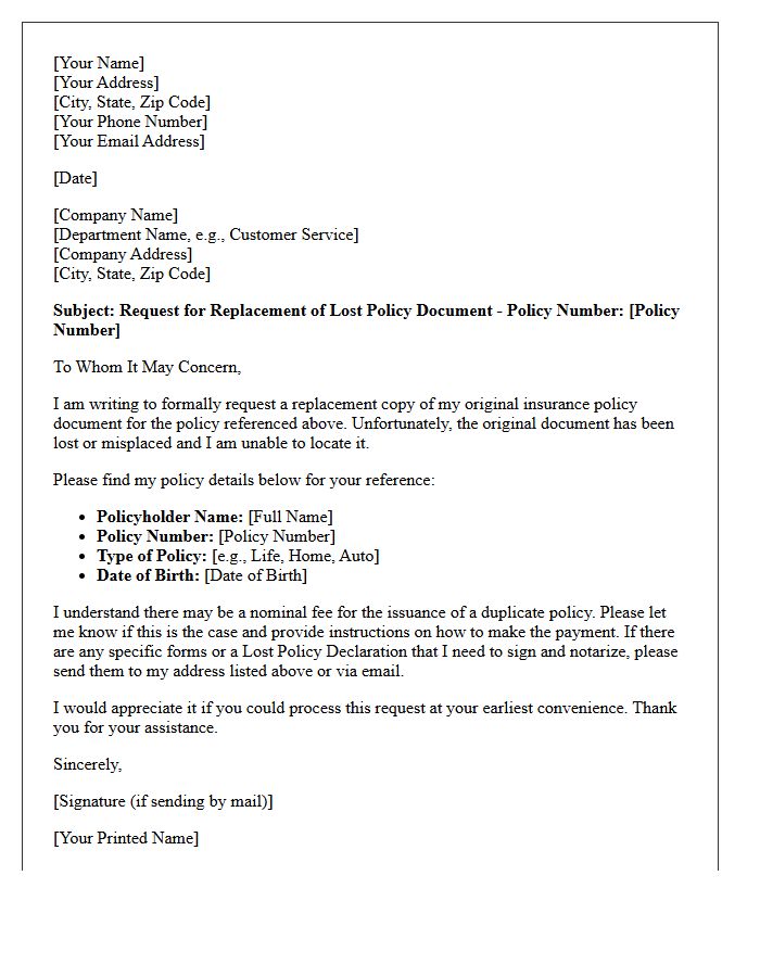 Standard Lost Policy Document Replacement Letter