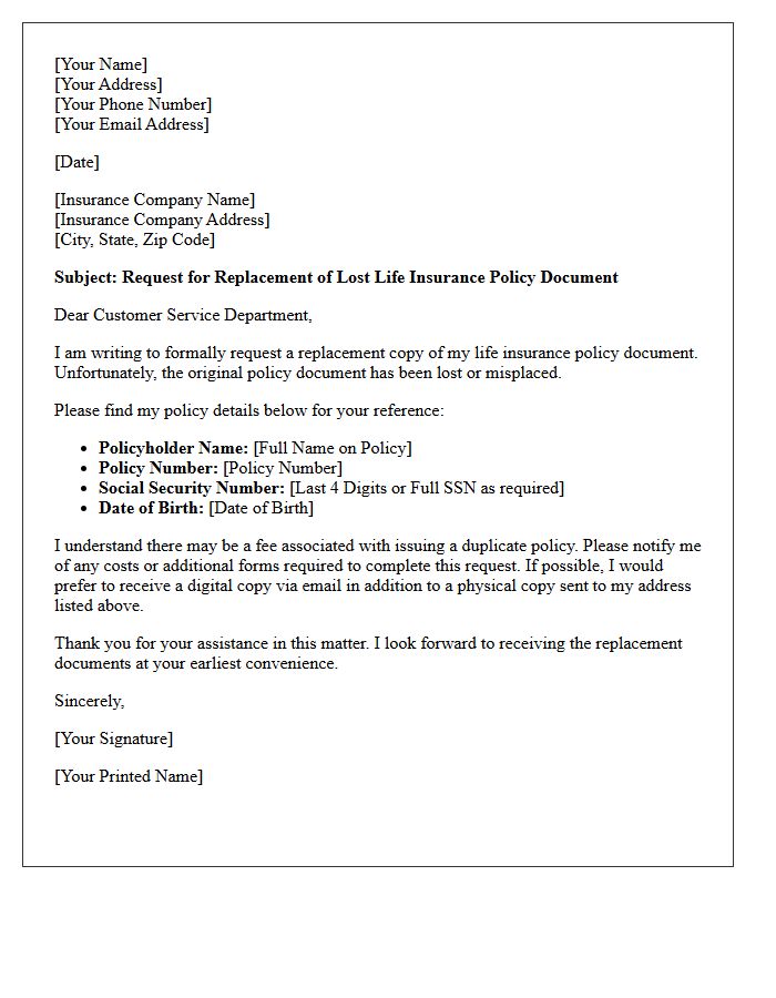 Life Insurance Lost Policy Document Replacement Letter