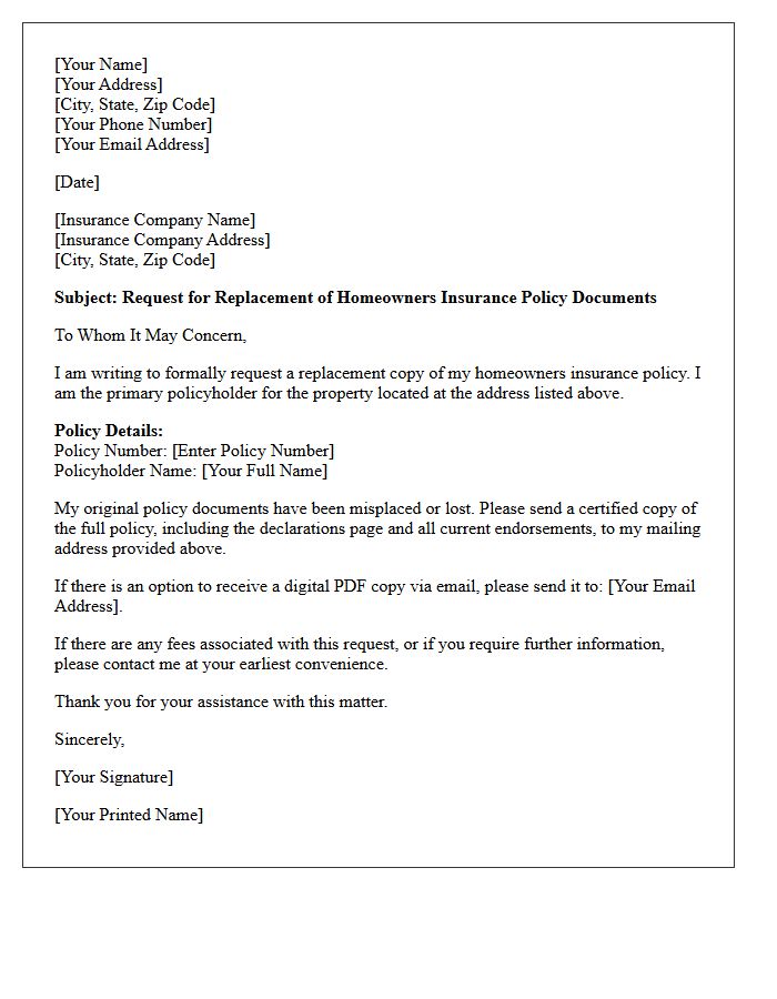 Homeowners Insurance Lost Policy Document Replacement Letter