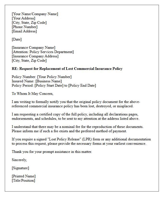 Commercial Insurance Lost Policy Document Replacement Letter
