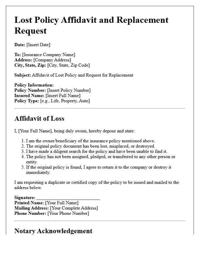 Notarized Lost Policy Affidavit and Replacement Letter