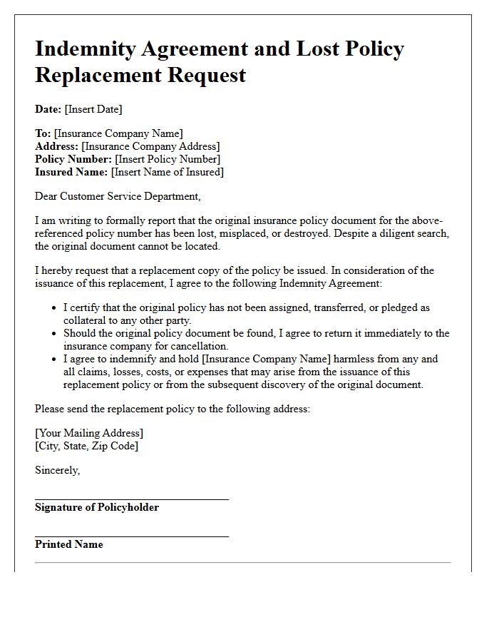 Indemnity Agreement and Lost Policy Replacement Letter