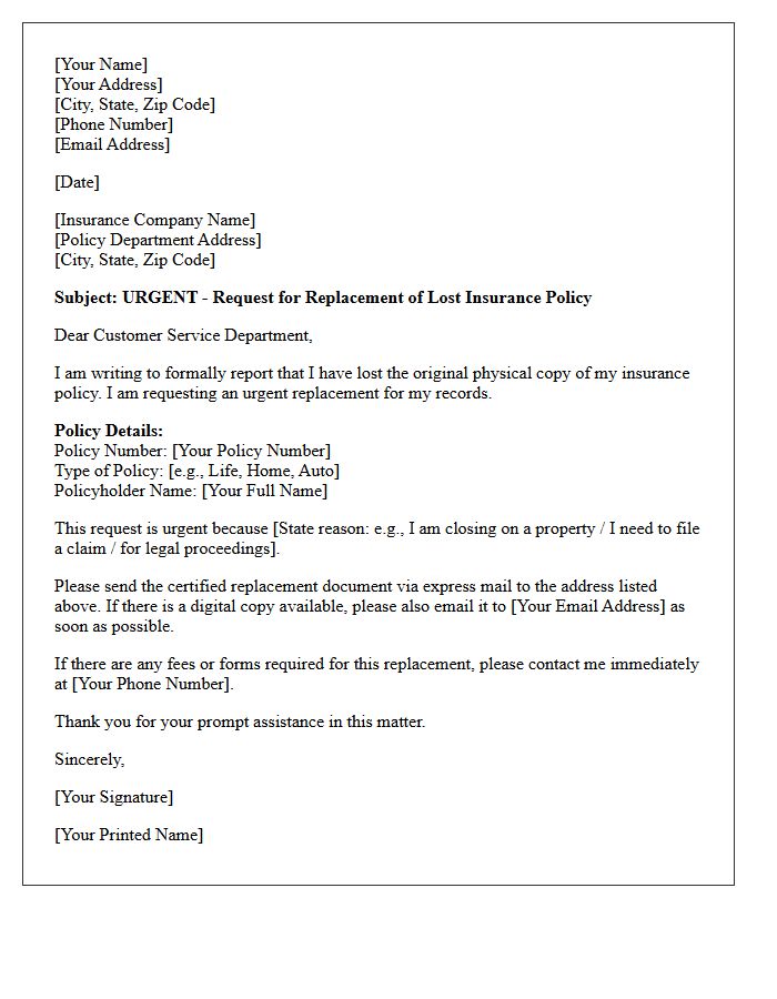 Urgent Lost Policy Document Replacement Letter
