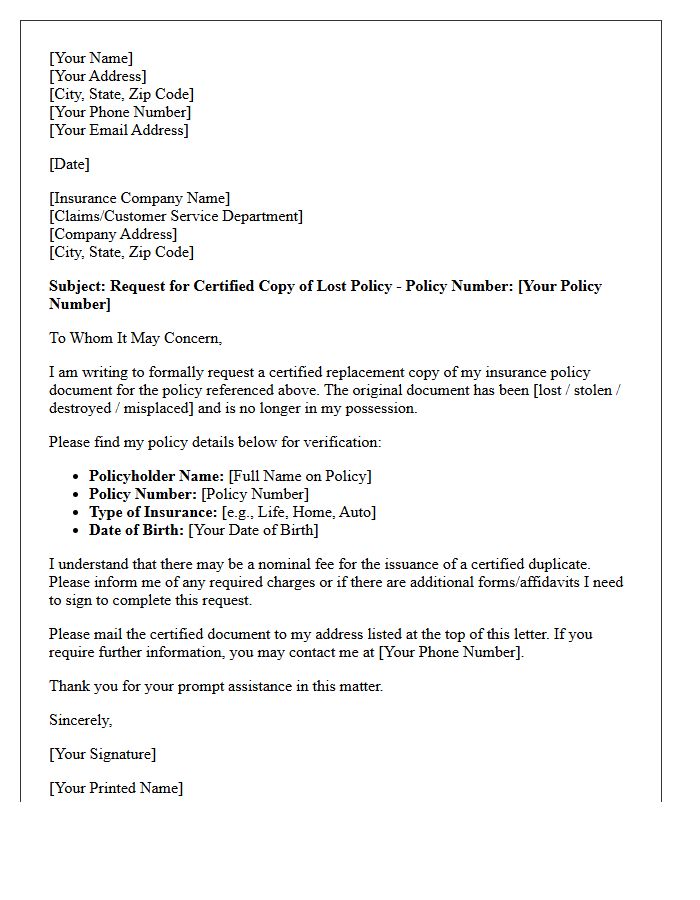 Certified Lost Policy Document Replacement Letter