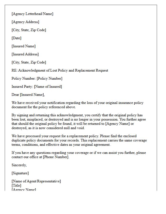 Agency Acknowledgment of Lost Policy Replacement Letter