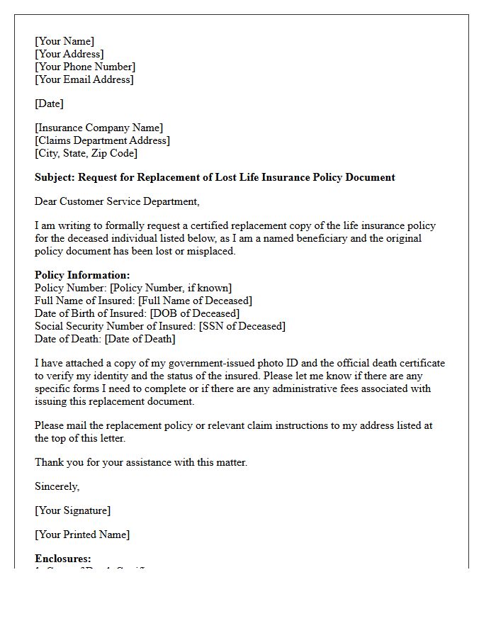 Beneficiary Request for Lost Policy Document Replacement Letter