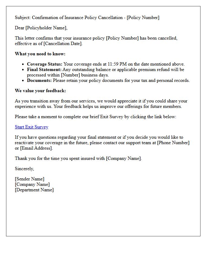 Insurance Policy Cancellation Offboarding Letter and Exit Survey Invitation