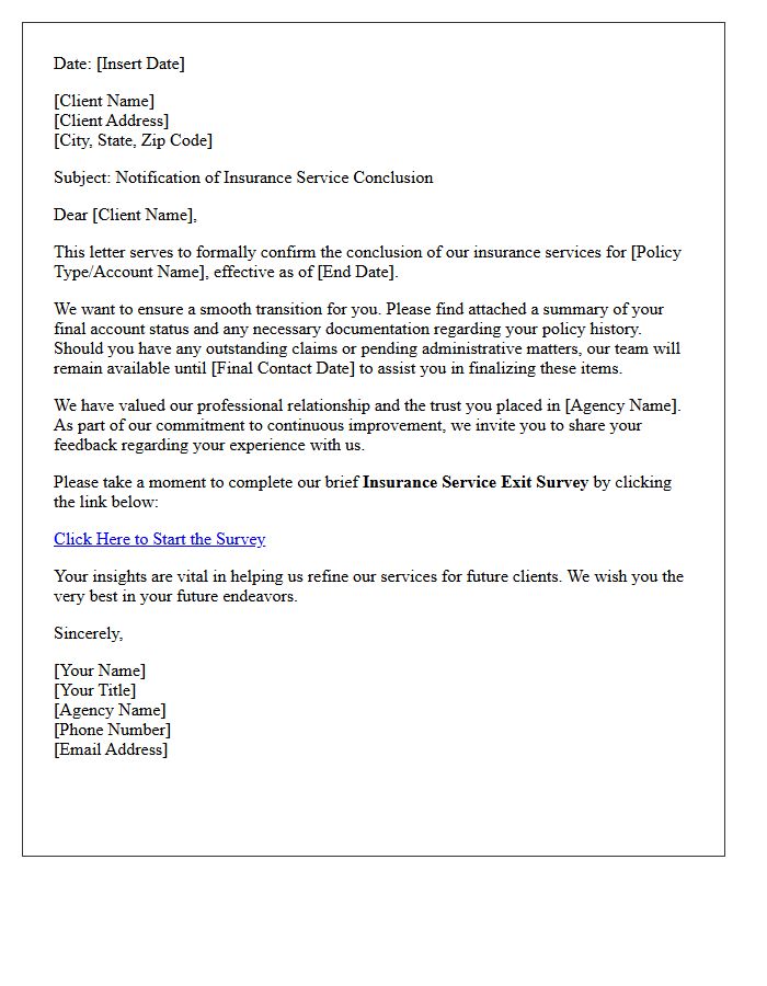 Client Offboarding Letter and Insurance Service Exit Survey Invitation