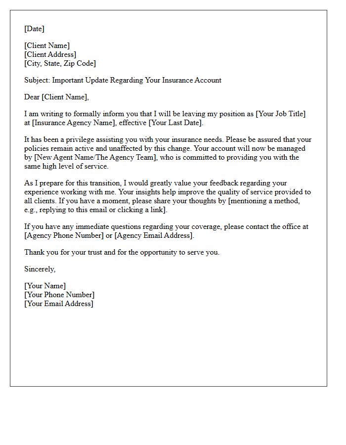 Insurance Agency Departure Letter and Client Feedback Invitation