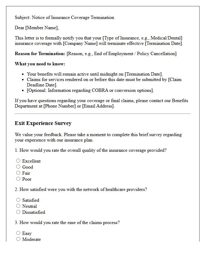 Insurance Coverage Termination Letter and Exit Experience Survey