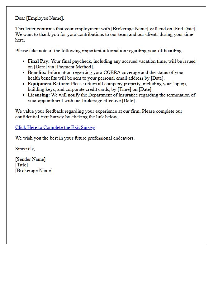 Insurance Brokerage Offboarding Letter and Exit Survey Link