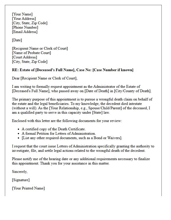 Wrongful Death Estate Administrator Appointment Letter