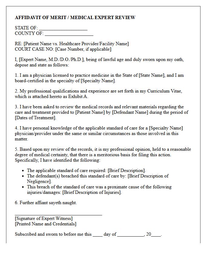 Expert Witness Medical Review Affidavit Letter